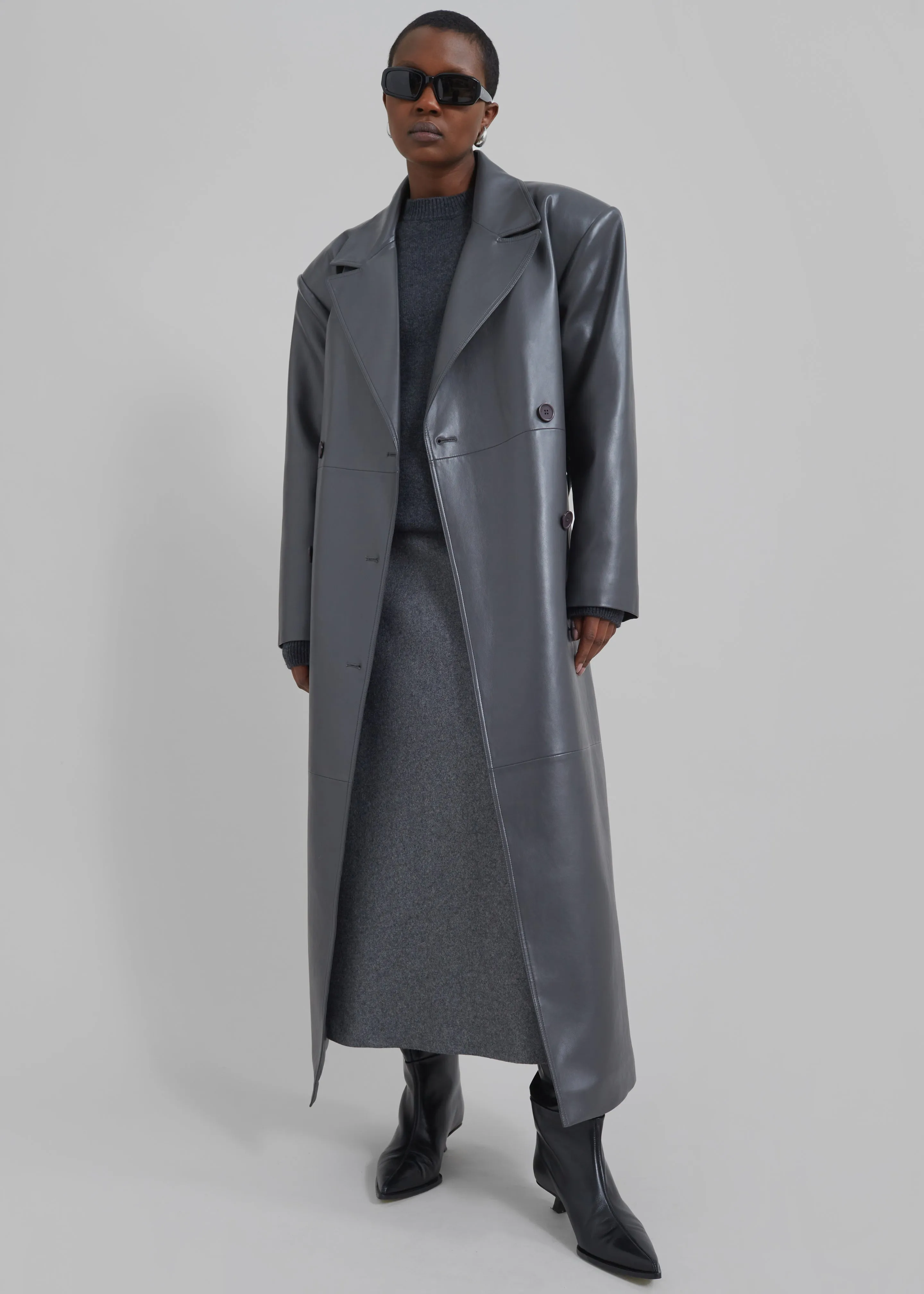 Grey Faux Leather Trench Coat - Tina