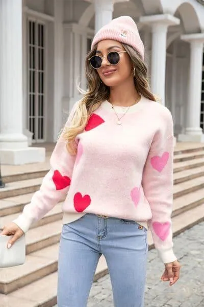 Heart Sweater with Round Neck and Dropped Shoulders