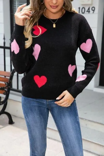 Heart Sweater with Round Neck and Dropped Shoulders