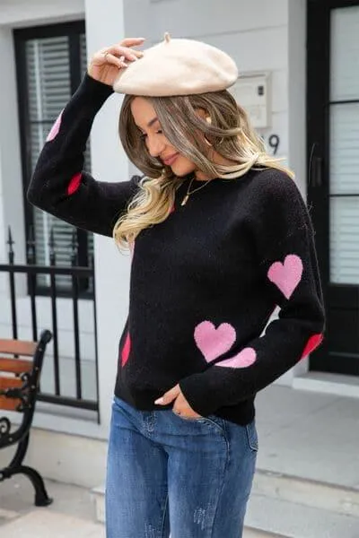 Heart Sweater with Round Neck and Dropped Shoulders