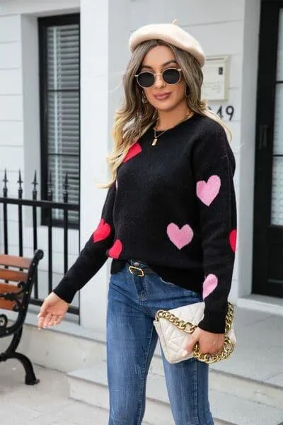 Heart Sweater with Round Neck and Dropped Shoulders