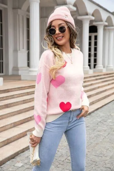 Heart Sweater with Round Neck and Dropped Shoulders