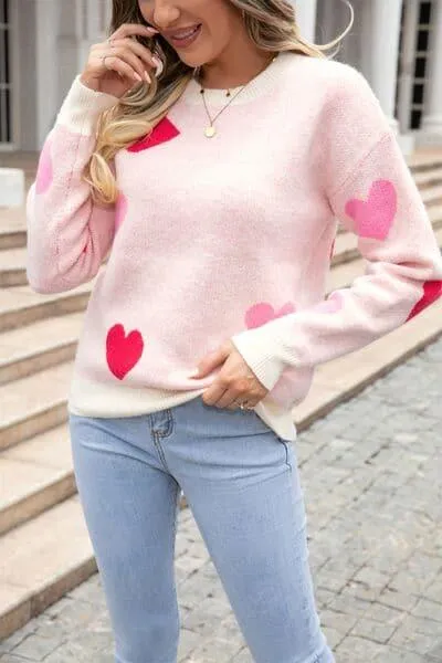 Heart Sweater with Round Neck and Dropped Shoulders