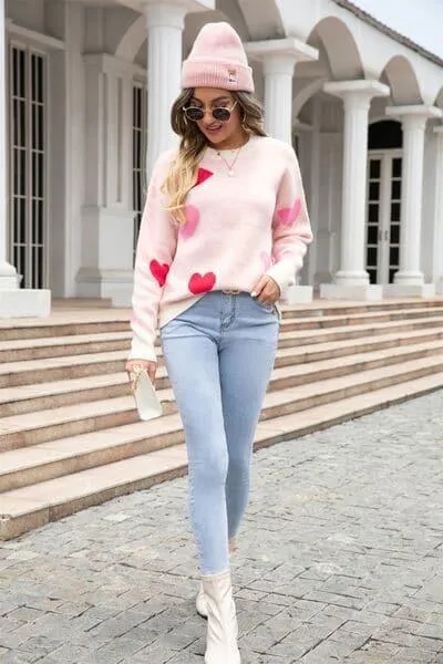 Heart Sweater with Round Neck and Dropped Shoulders