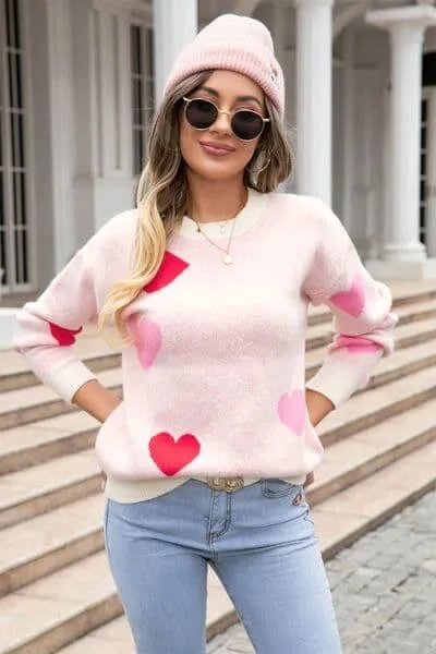 Heart Sweater with Round Neck and Dropped Shoulders