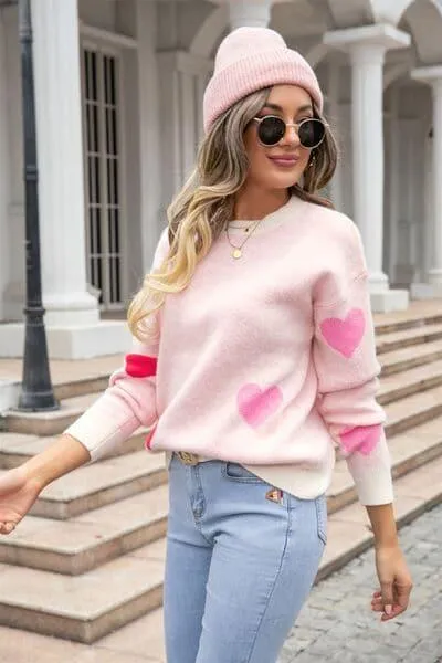 Heart Sweater with Round Neck and Dropped Shoulders