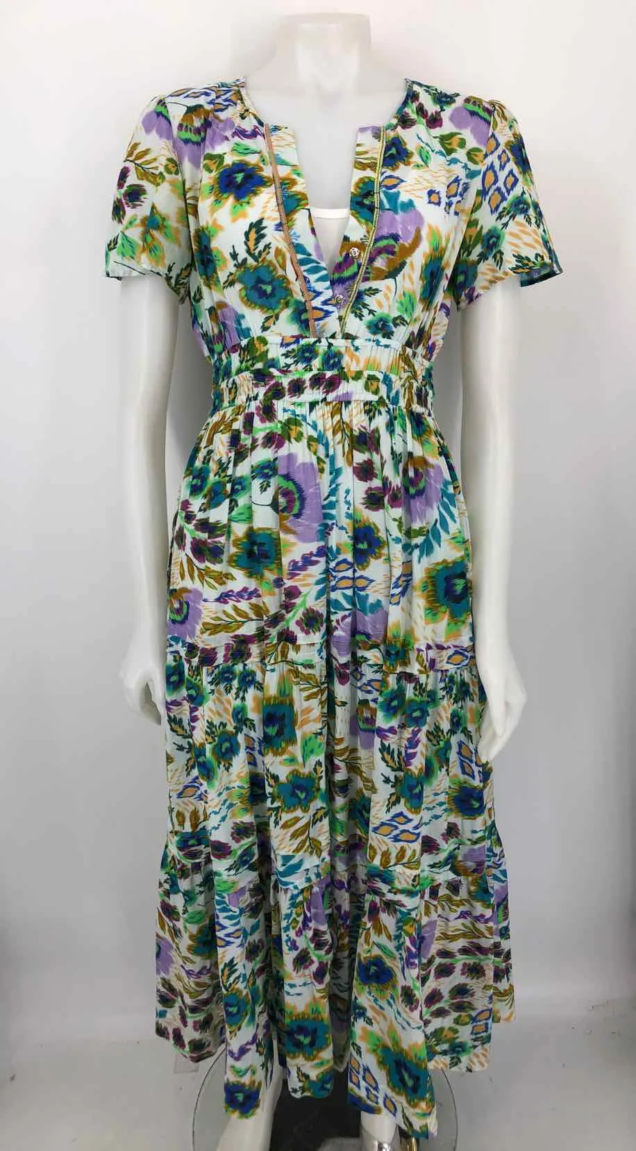 White Green Multi Print Maxi Length Size X-SMALL JOHNNY WAS Dress