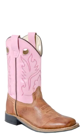 Kids Old West Brown Pink Square Toe Cowboy Boot Corona Calf Distressed Style