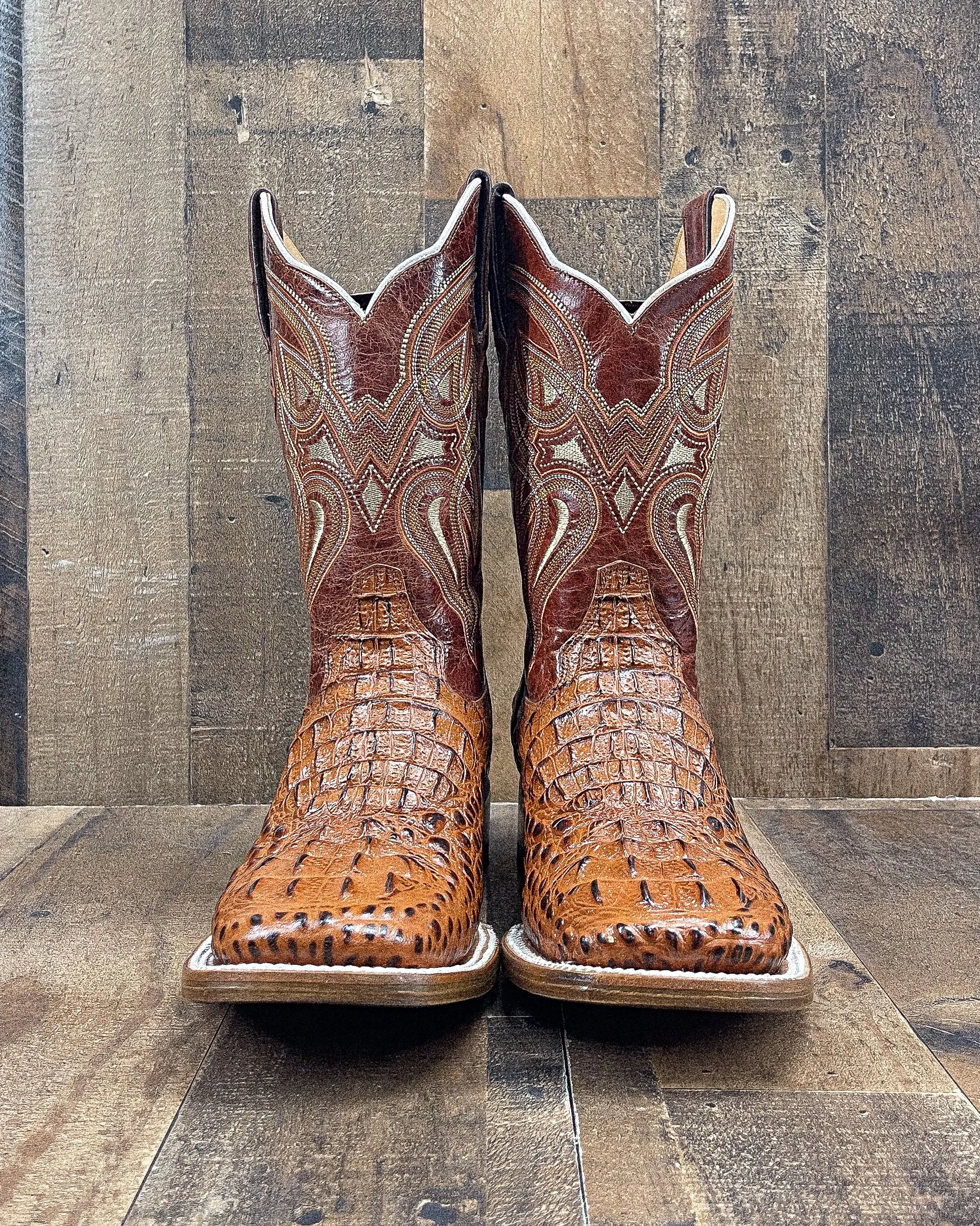 Men's Caiman Neck Square Toe Cowboy Boots in Cognac Color