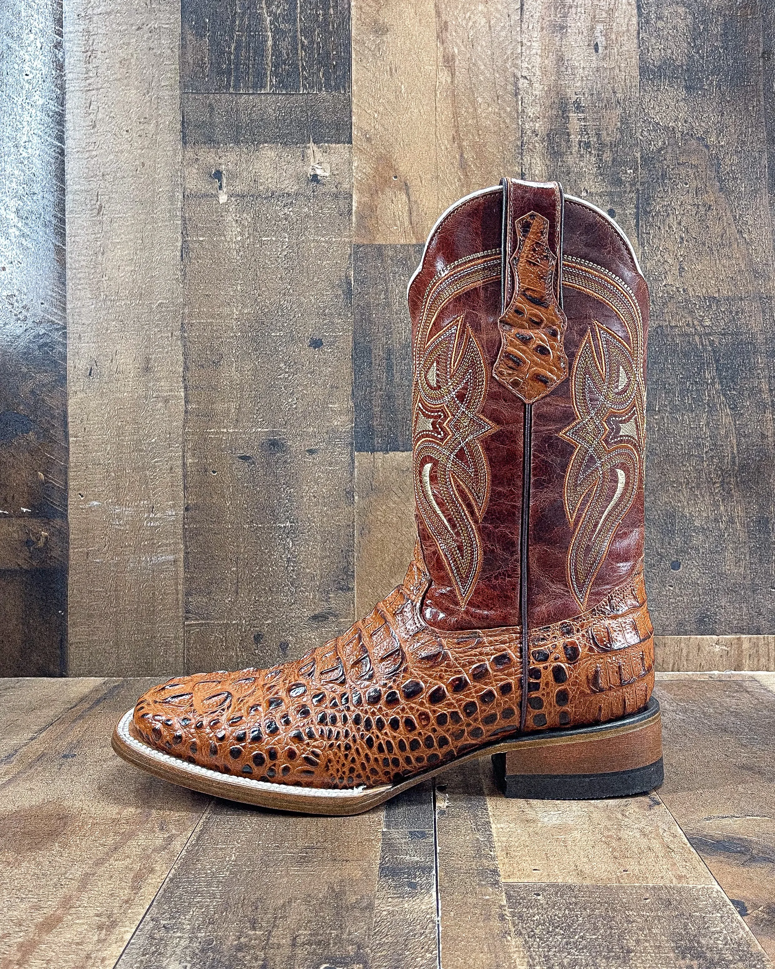 Men's Caiman Neck Square Toe Cowboy Boots in Cognac Color