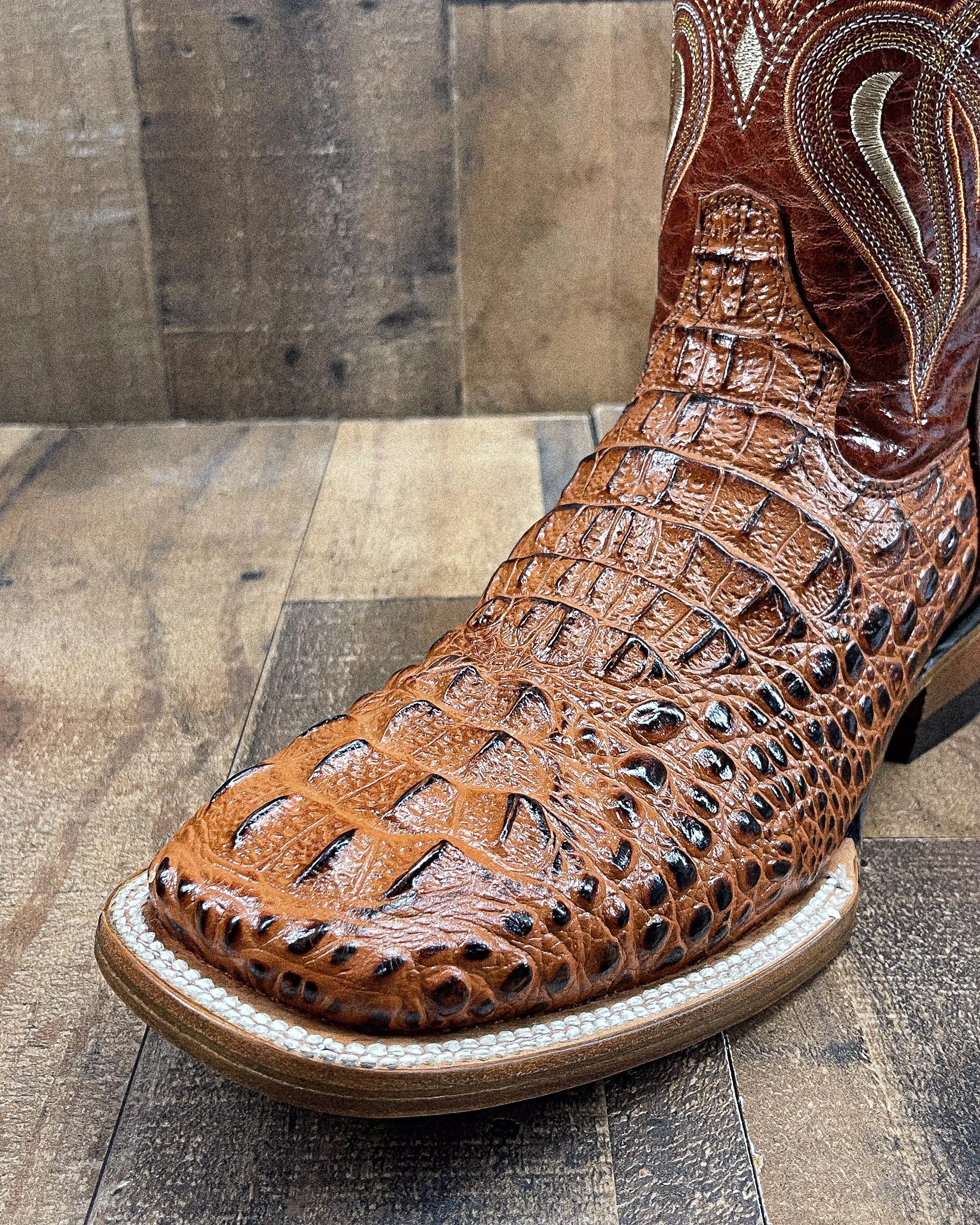 Men's Caiman Neck Square Toe Cowboy Boots in Cognac Color