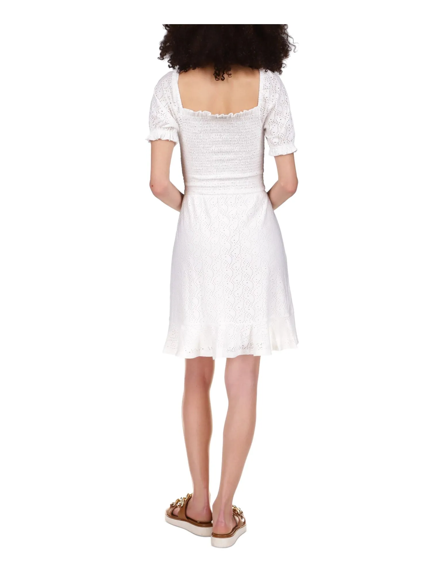 White Eyelet Peasant Dress MICHAEL MICHAEL KORS Ruffled Logo Plate Pouf Sleeve