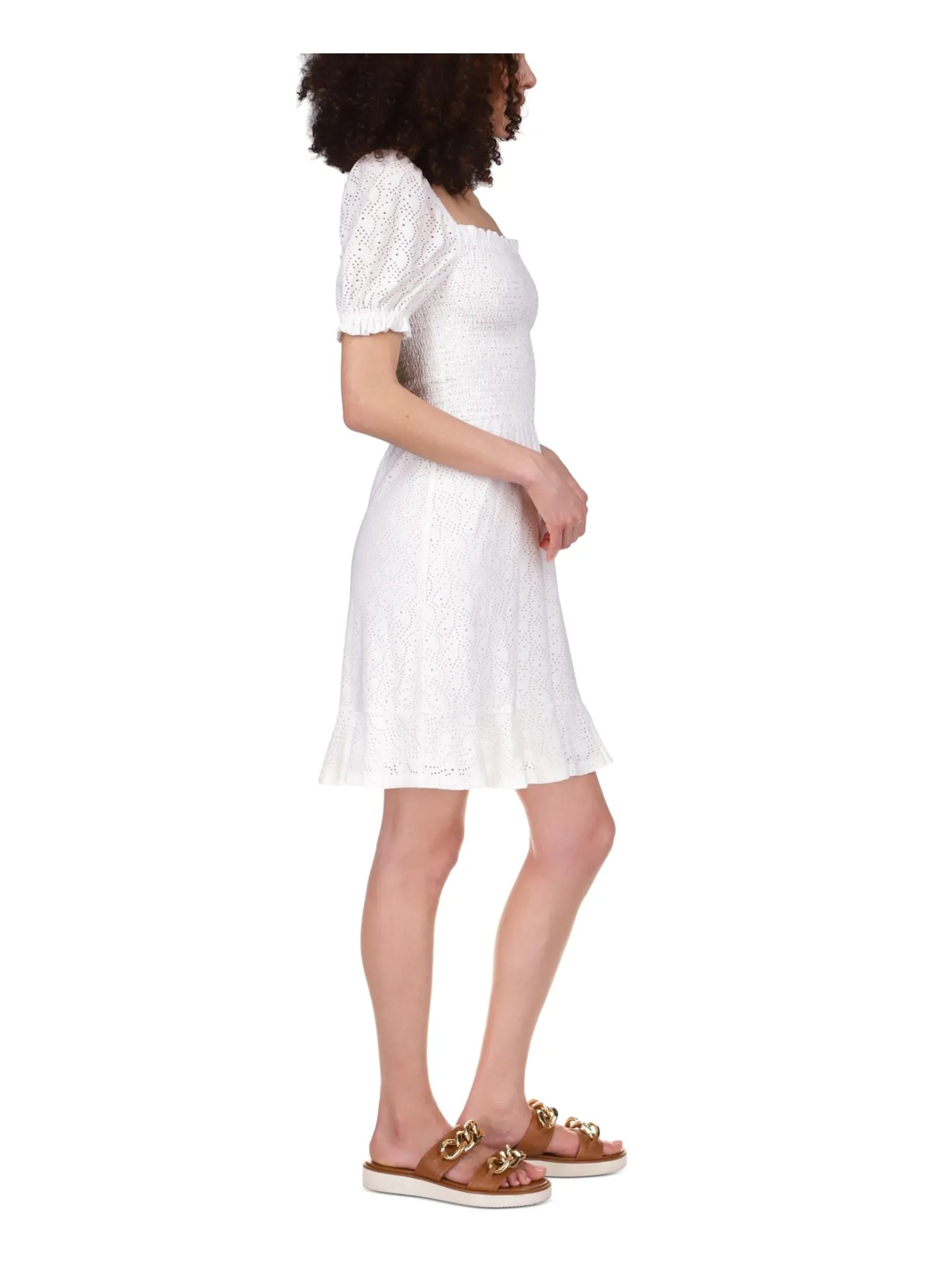 White Eyelet Peasant Dress MICHAEL MICHAEL KORS Ruffled Logo Plate Pouf Sleeve