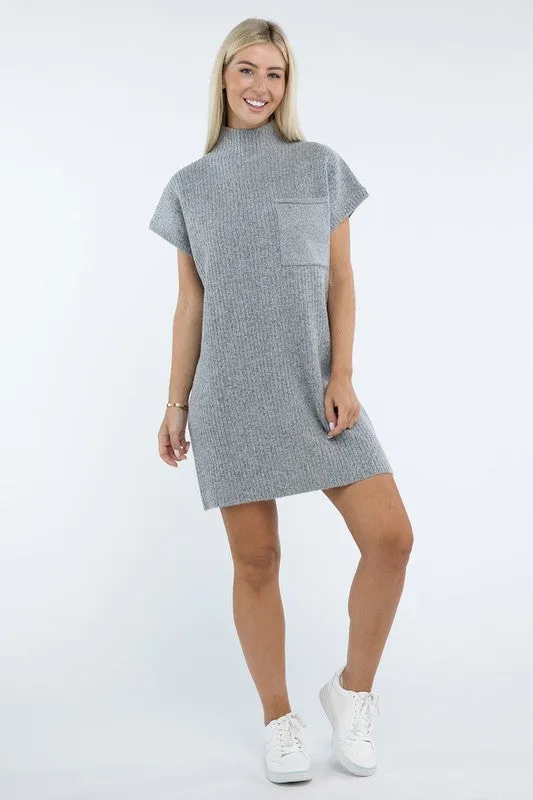 Mock Neck Short Sleeve Sweater Dress with Pocket