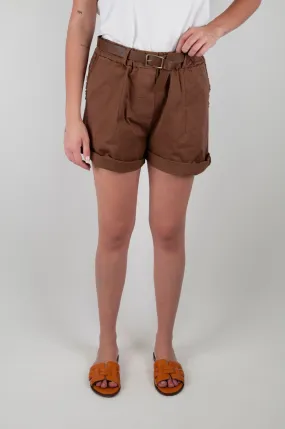 Motel Elastic Waist Shorts with Frayed Pocket.