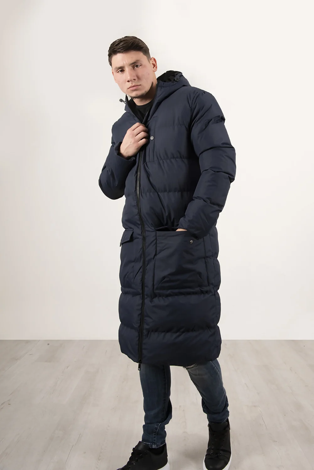 Navy Longline Puffer Coat with Hood for Men