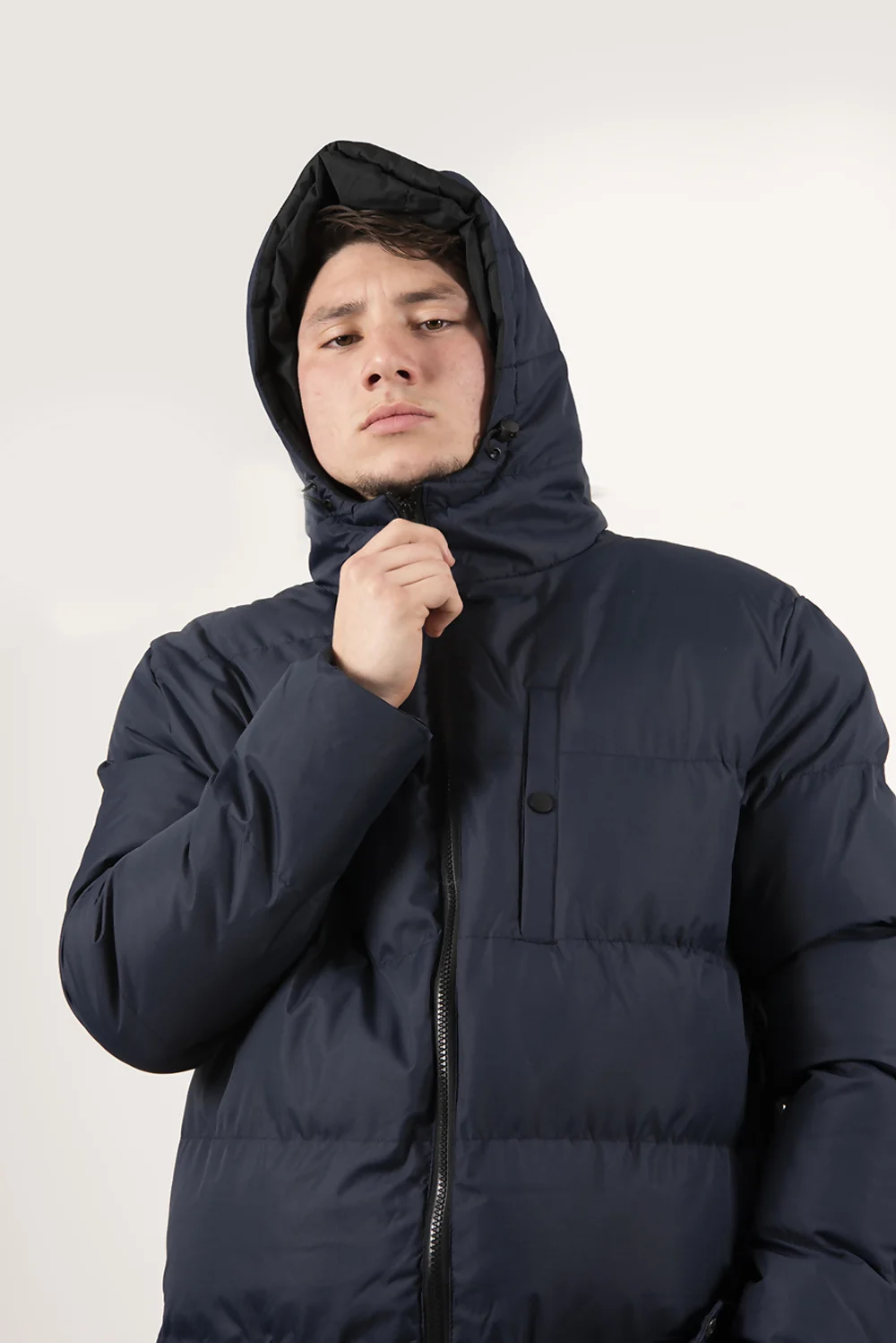 Navy Longline Puffer Coat with Hood for Men