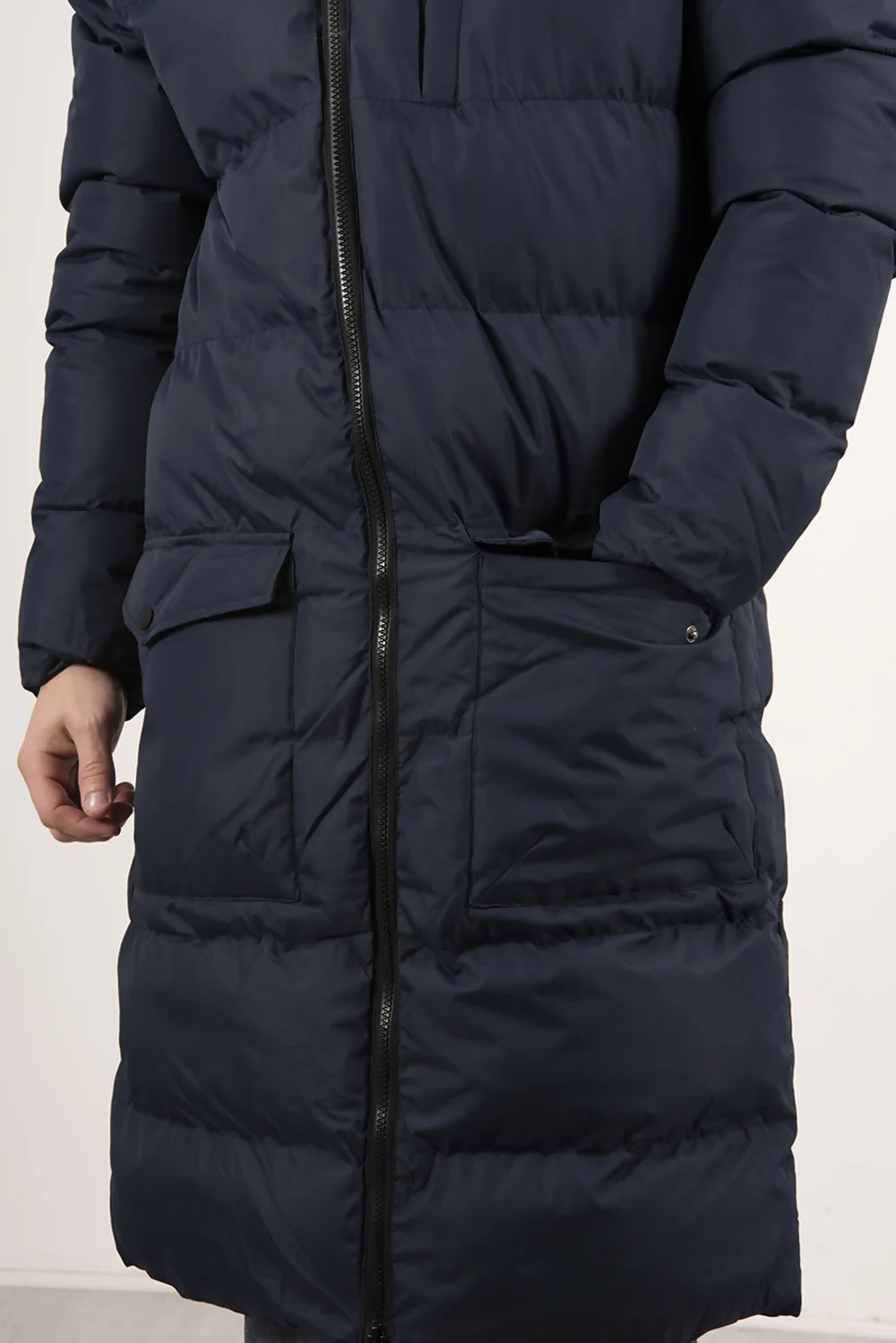 Navy Longline Puffer Coat with Hood for Men