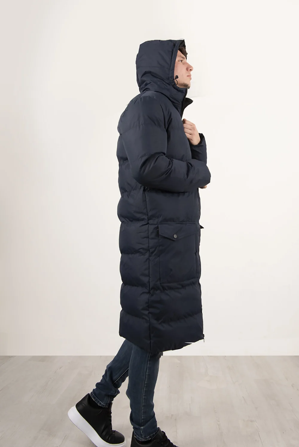 Navy Longline Puffer Coat with Hood for Men