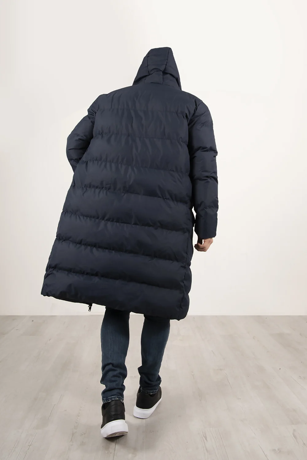 Navy Longline Puffer Coat with Hood for Men