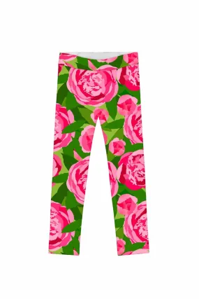 Pink Floral Print Leggings for Girls - Cute Green and Pink Design