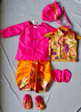 Premium Pink Paithani Dhoti Kurta Jacket Set for Baby Boys with Topra, Booties, and Mittens