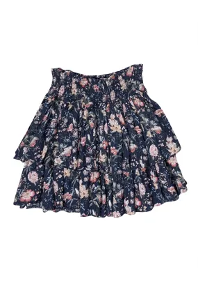 Rebecca Taylor - Washed Navy w/ Muted Floral Print Ruffled Skirt Sz M