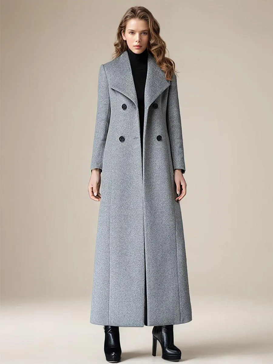 Retro Grey Wrap Coat Women's Woolen Overcoat Full Length Turn-down Collar Button-Up