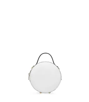 Round white leather shoulder bag.