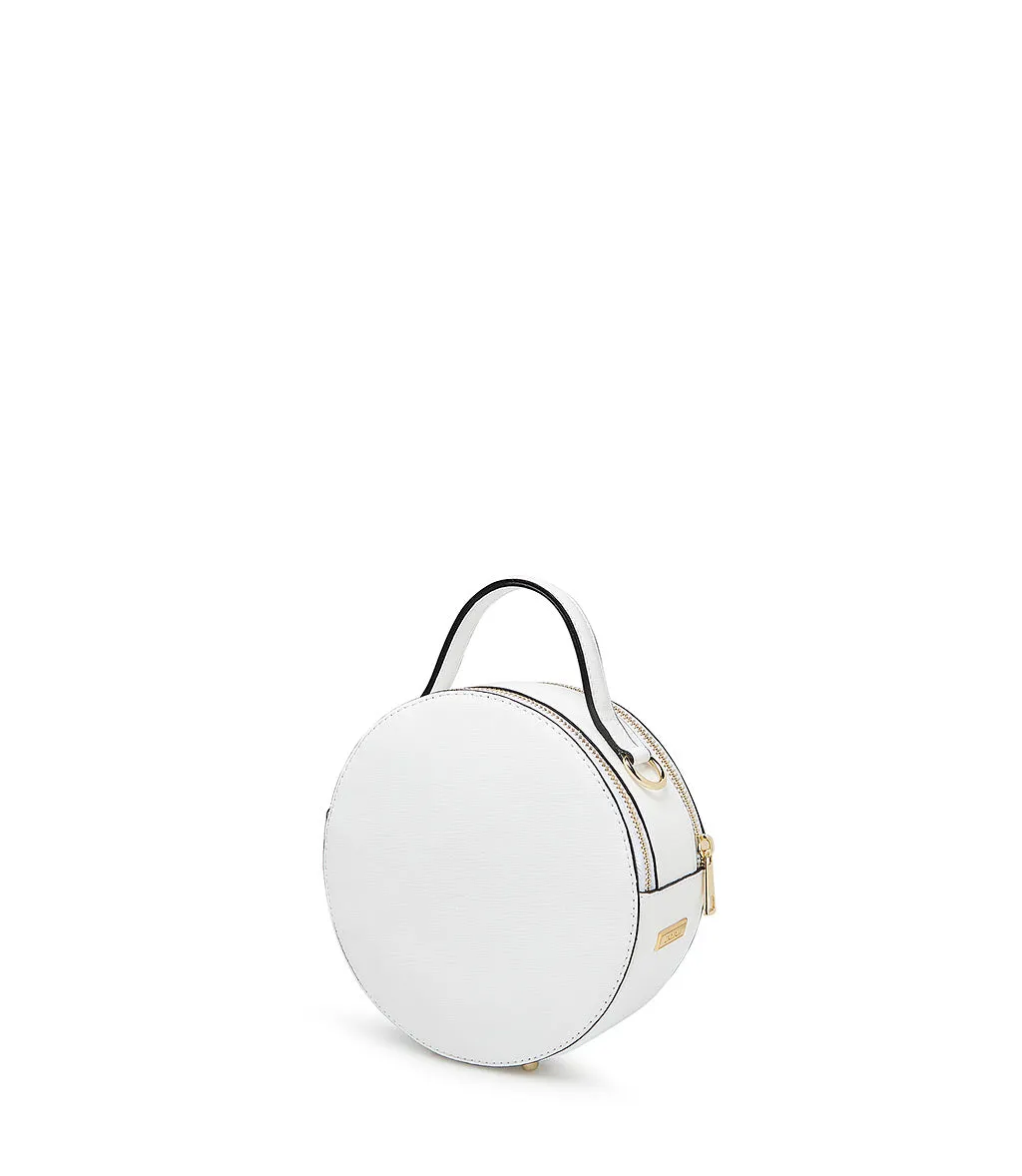 Round white leather shoulder bag.