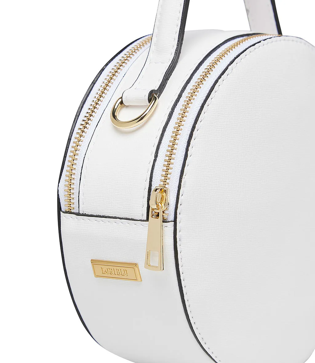 Round white leather shoulder bag.