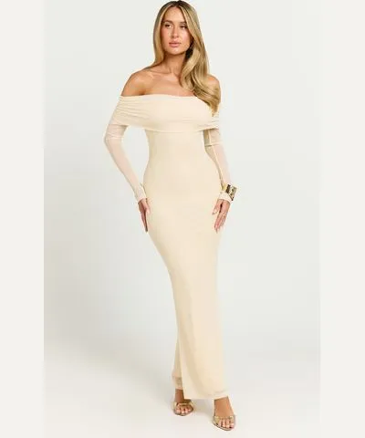 Cream Off The Shoulder Mesh Dress - Showpo Bethanie Maxi Dress