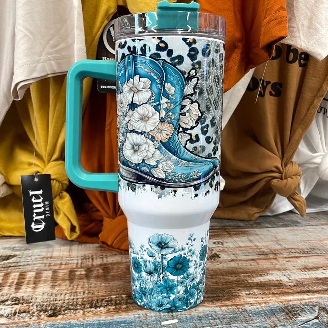 Teal Tumbler with Skull and Boots