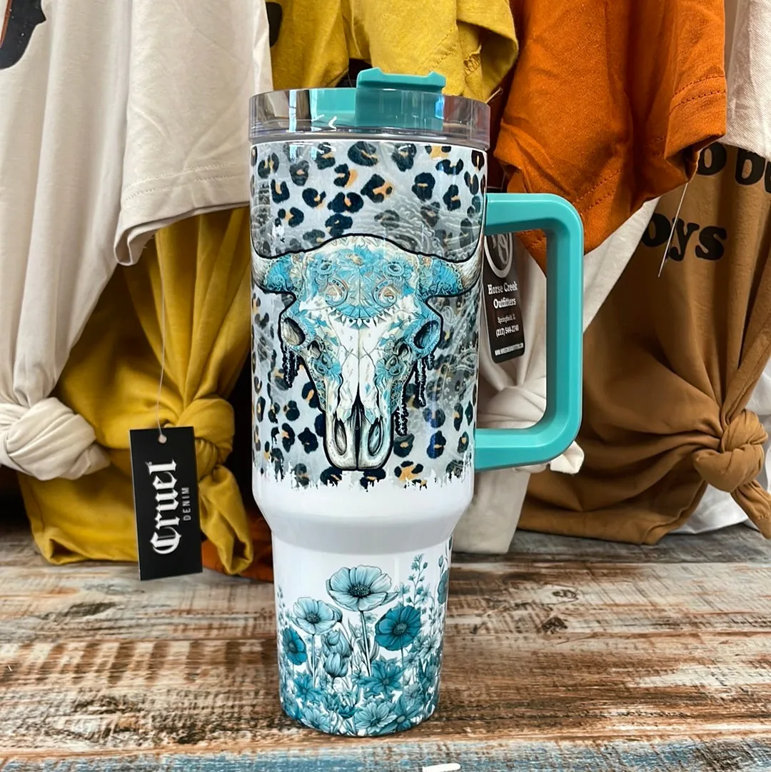 Teal Tumbler with Skull and Boots