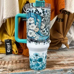 Teal Tumbler with Skull and Boots