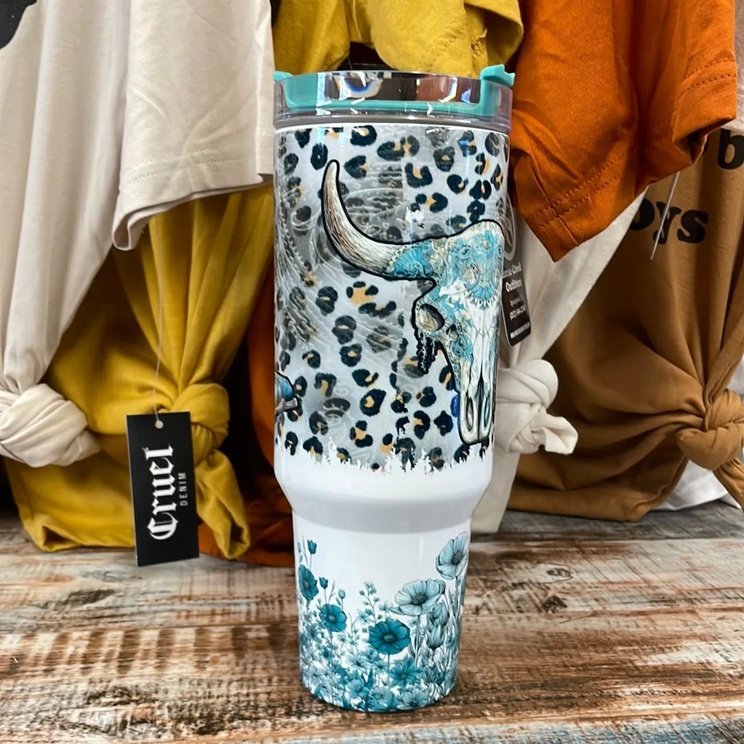 Teal Tumbler with Skull and Boots