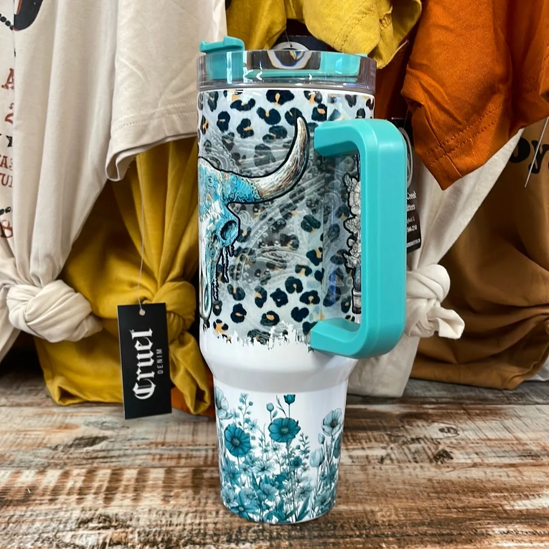 Teal Tumbler with Skull and Boots