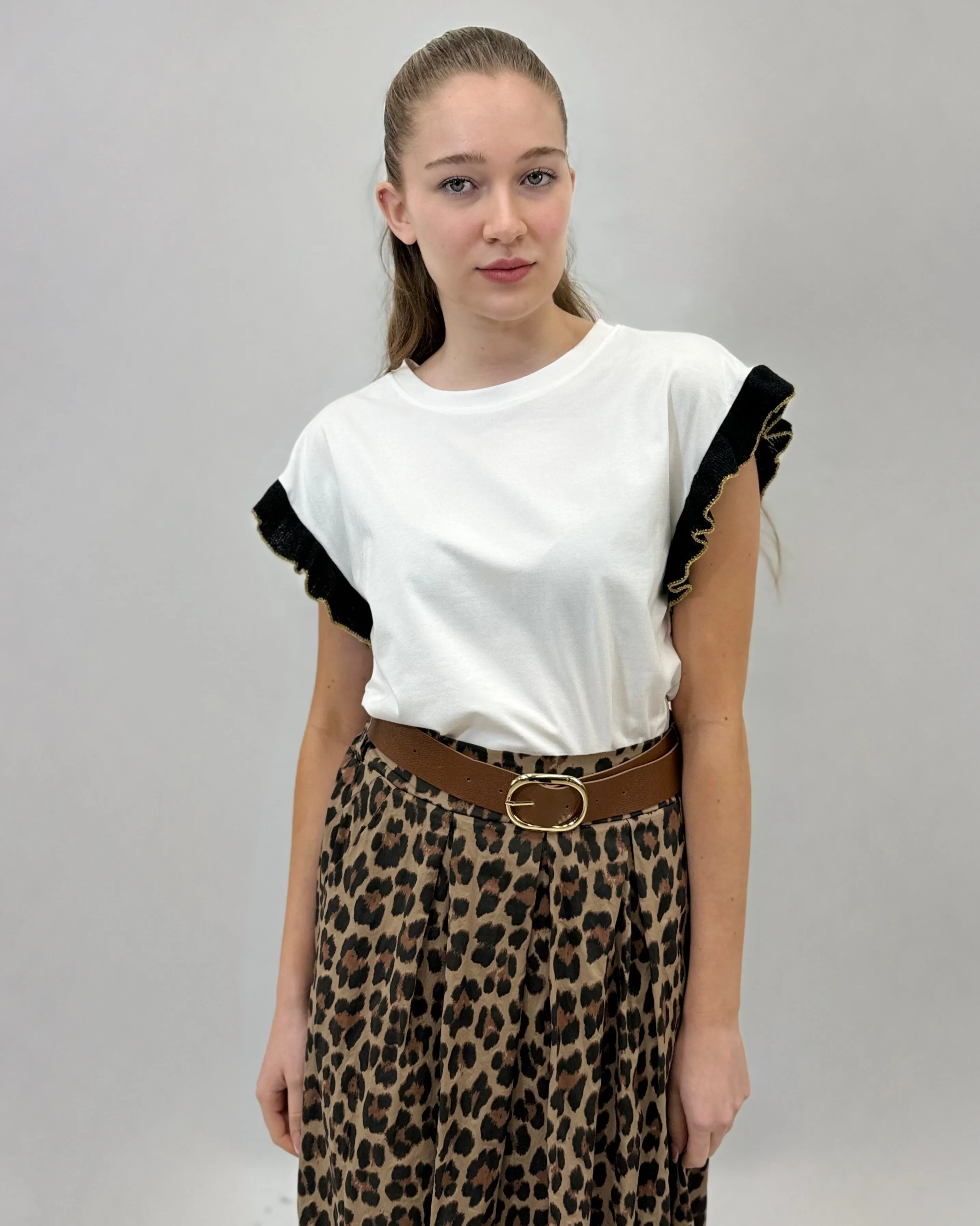 Cotton t-shirt with lurex ruffle sleeves