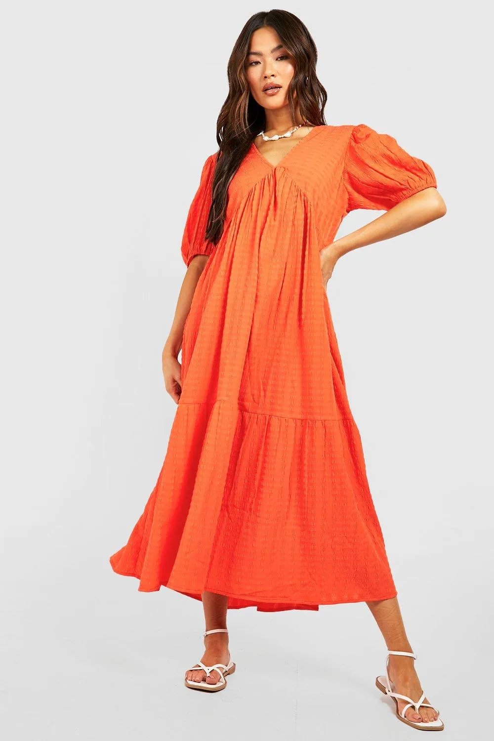 Textured Puff Sleeve Midi Dress