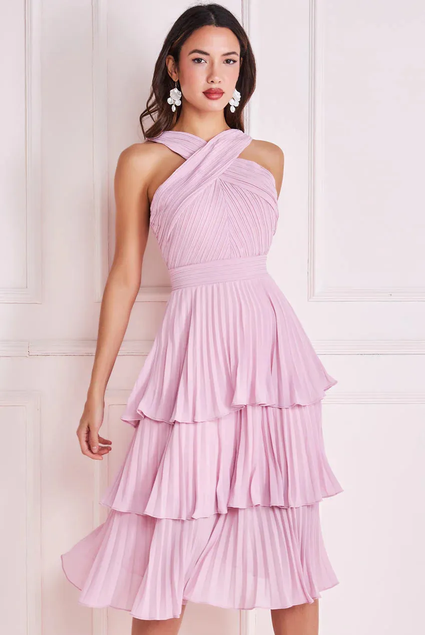 Tiered Midi Dress with Pleated Bodice in Plain Chiffon by Goddiva