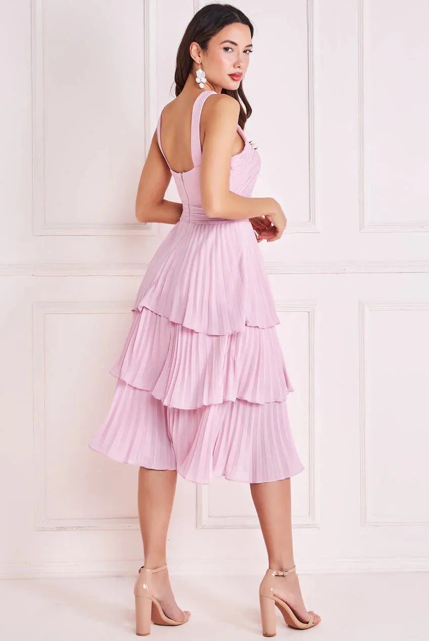 Tiered Midi Dress with Pleated Bodice in Plain Chiffon by Goddiva