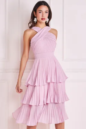 Tiered Midi Dress with Pleated Bodice in Plain Chiffon by Goddiva