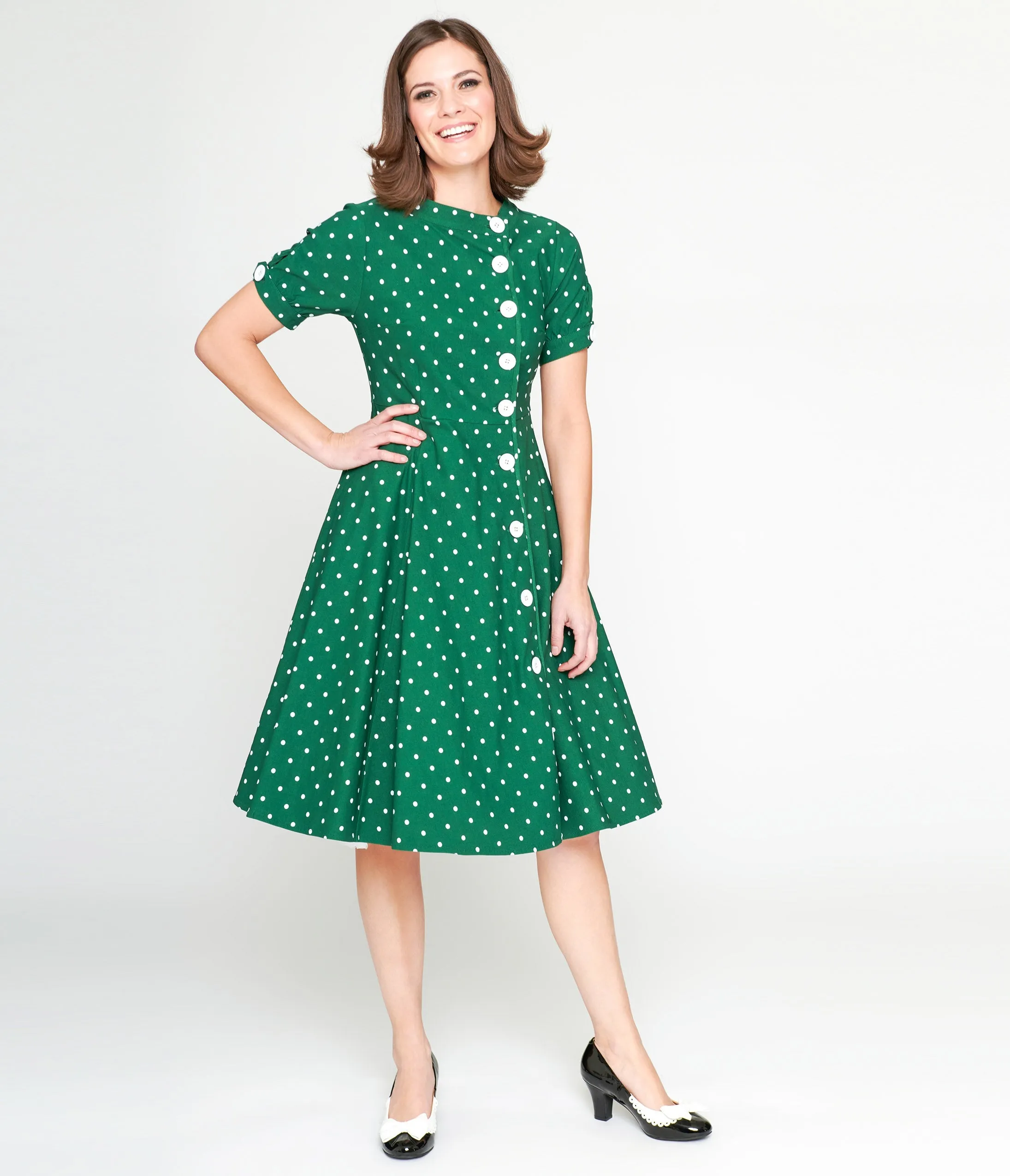 Green & White Pin Dot Contrast Button Swing Dress 1950s by Unique Vintage