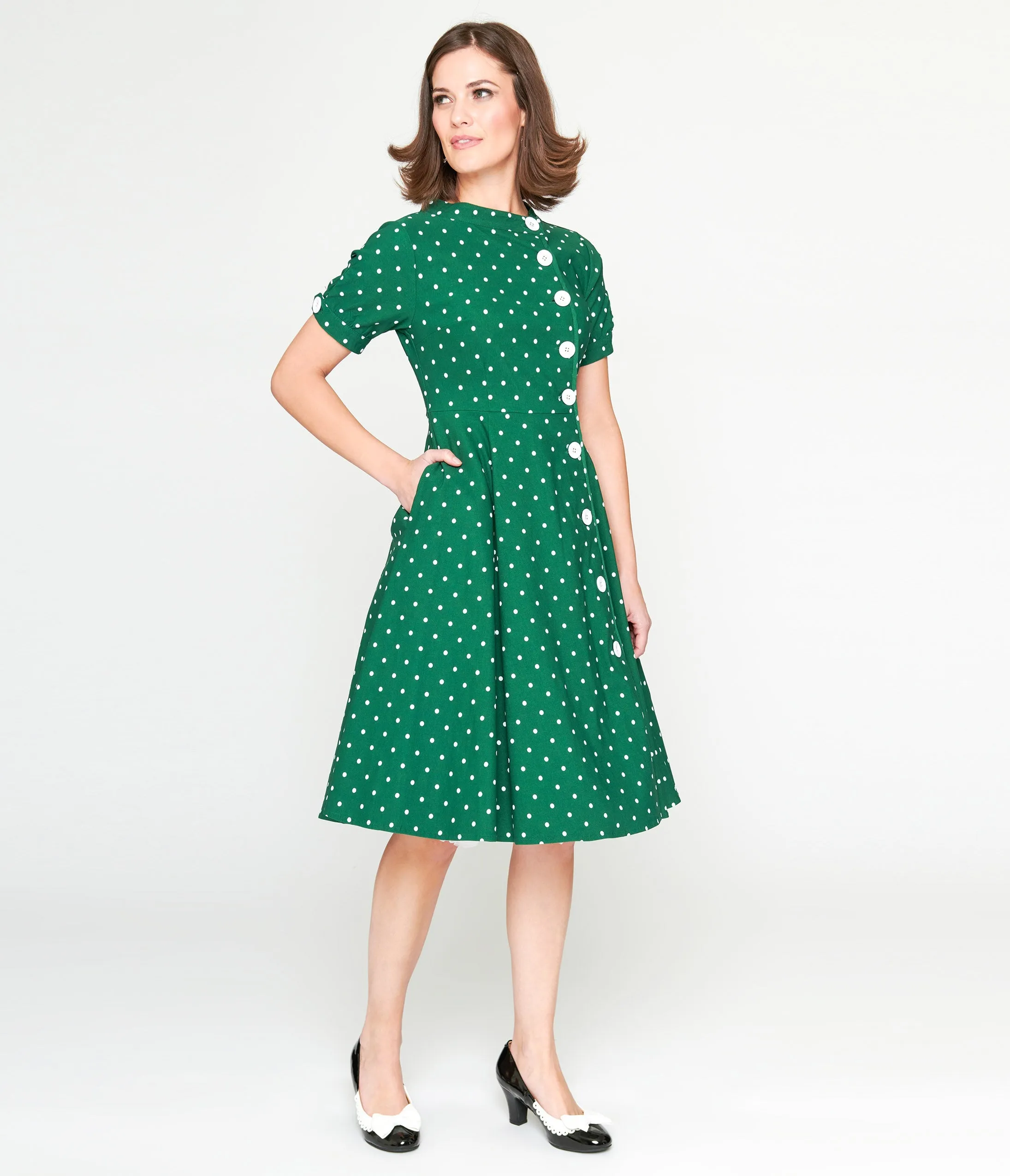 Green & White Pin Dot Contrast Button Swing Dress 1950s by Unique Vintage