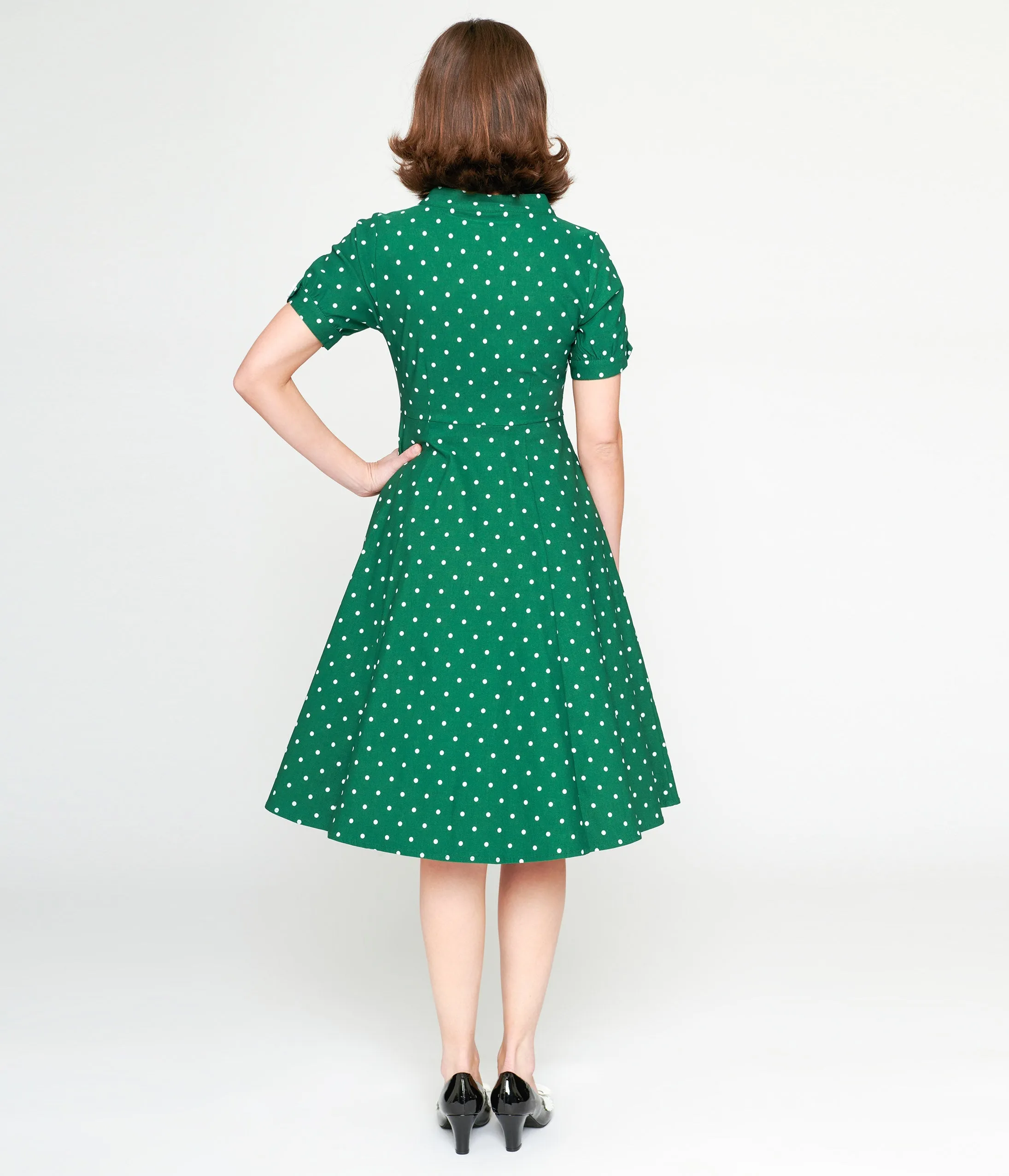 Green & White Pin Dot Contrast Button Swing Dress 1950s by Unique Vintage