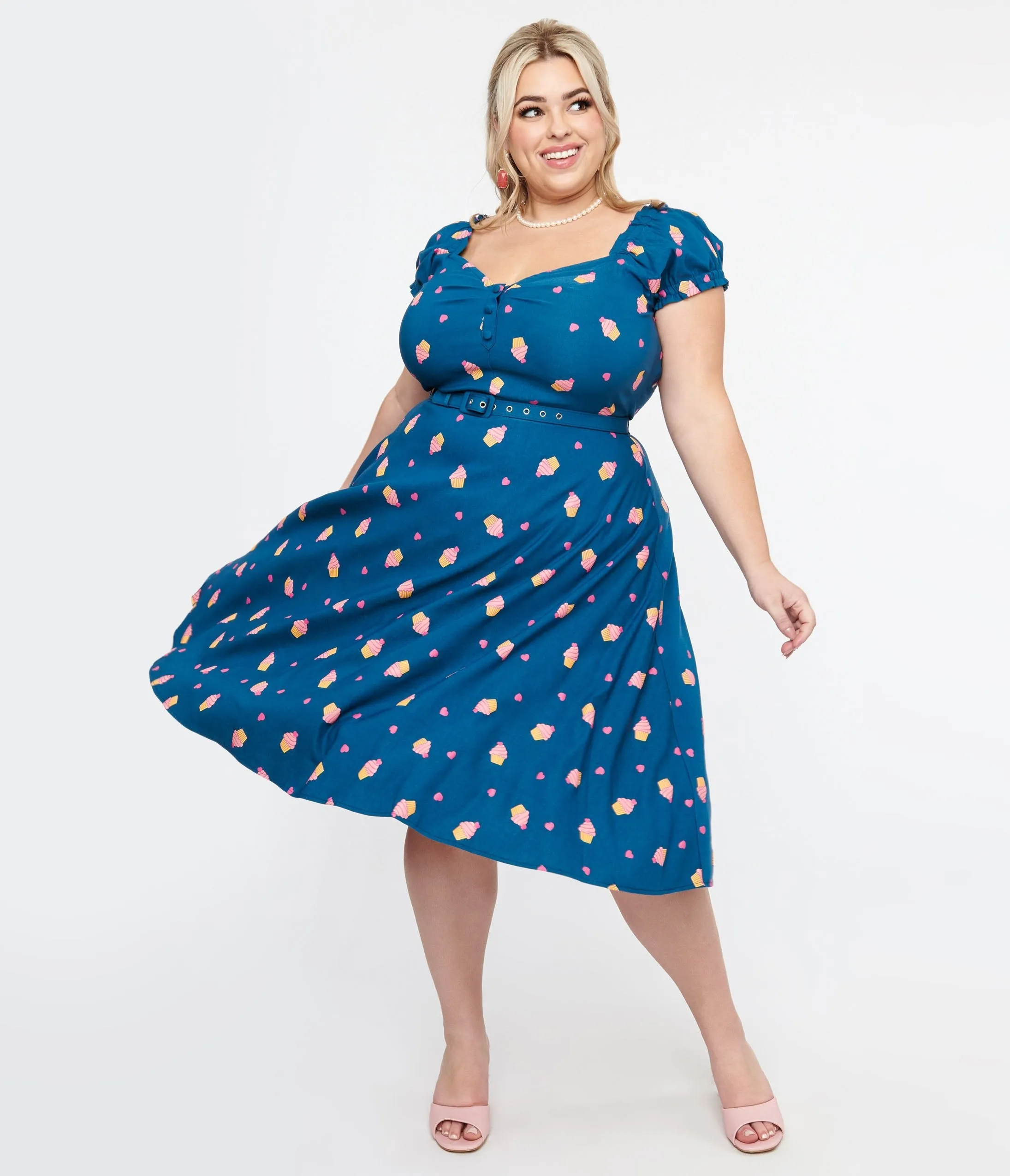 Teal & Cupcake Stamp Ohara Swing Dress Plus Size 1950s by Unique Vintage