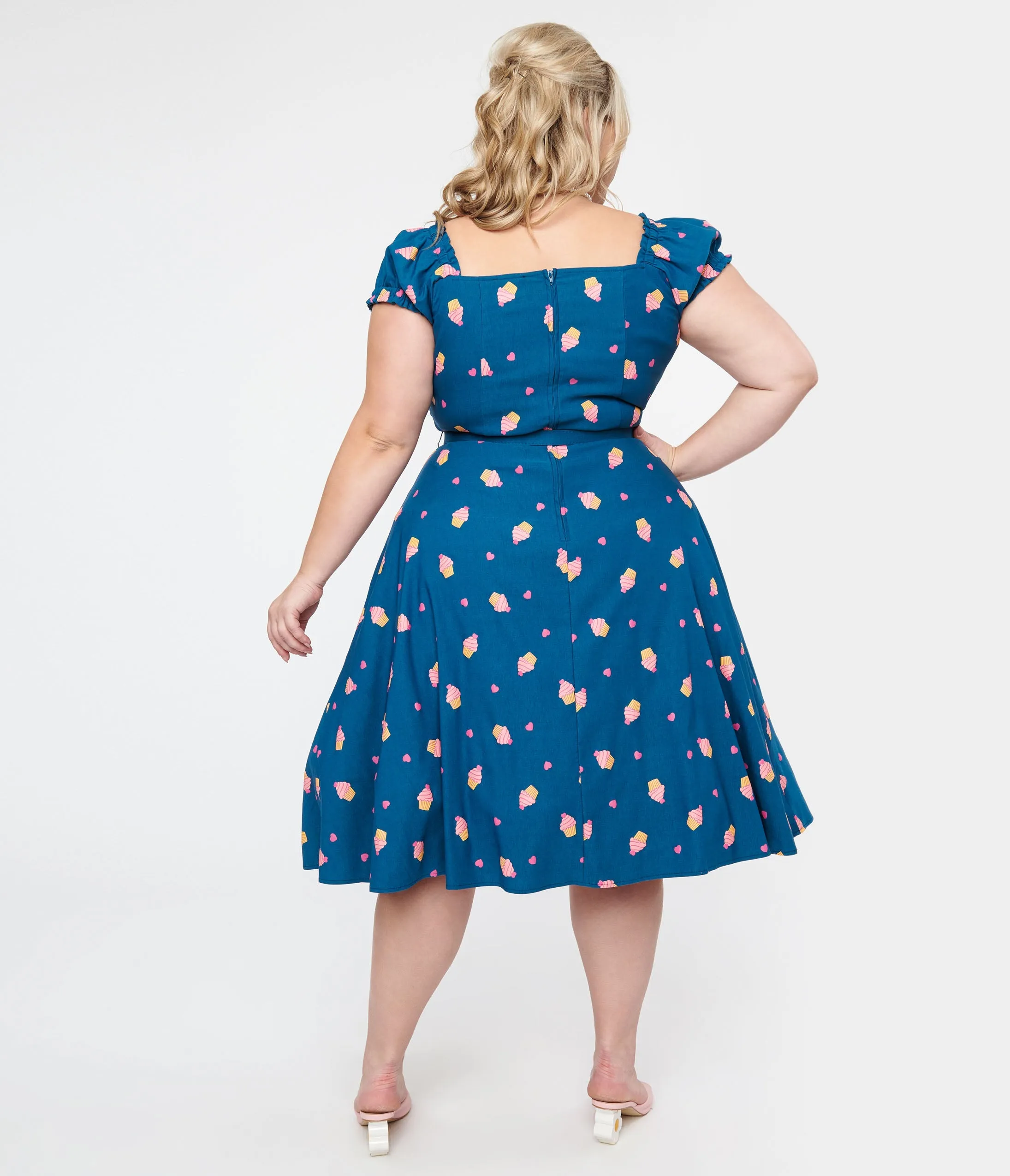 Teal & Cupcake Stamp Ohara Swing Dress Plus Size 1950s by Unique Vintage