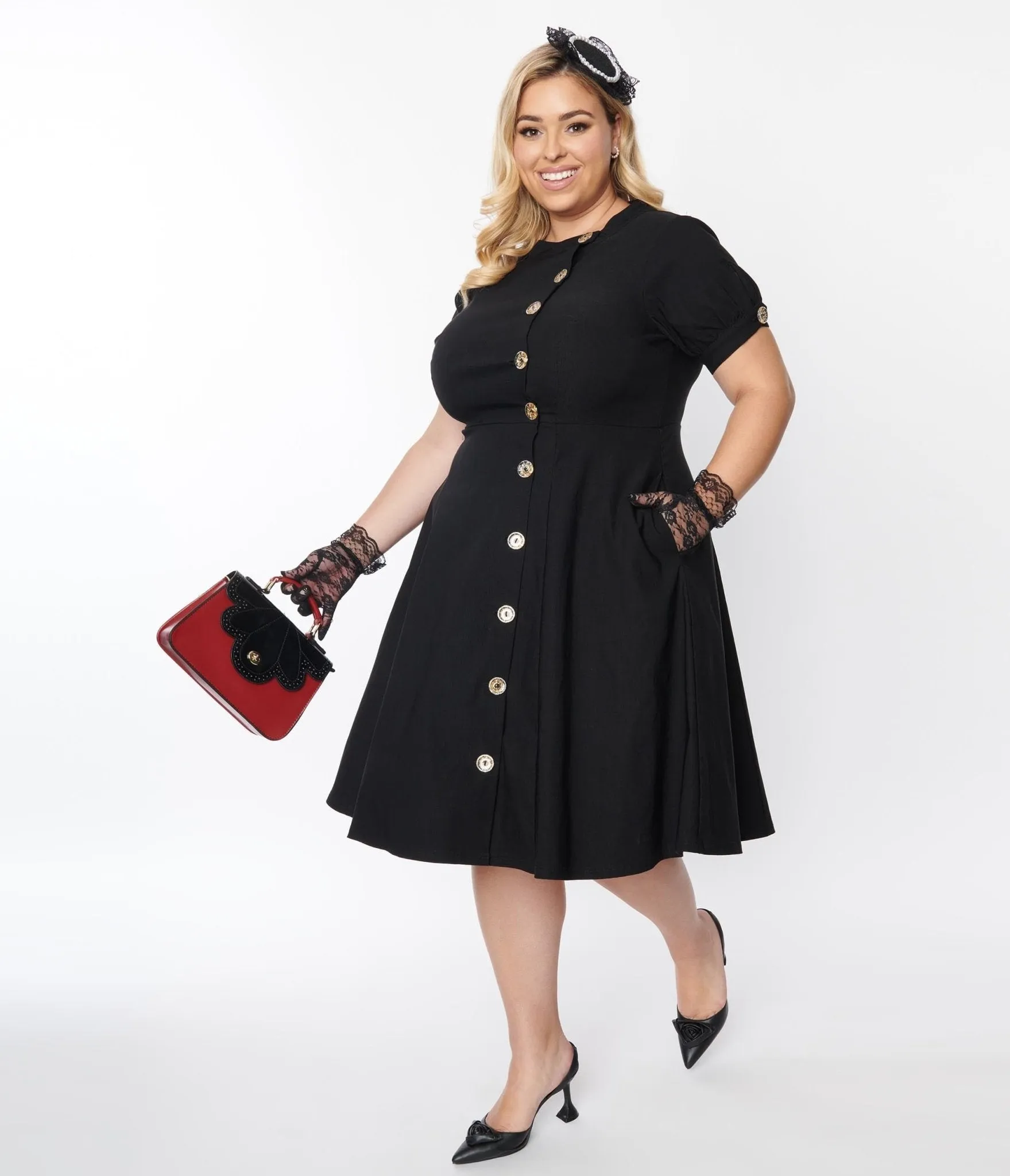 Black Button Swing Dress Plus Size by Unique Vintage