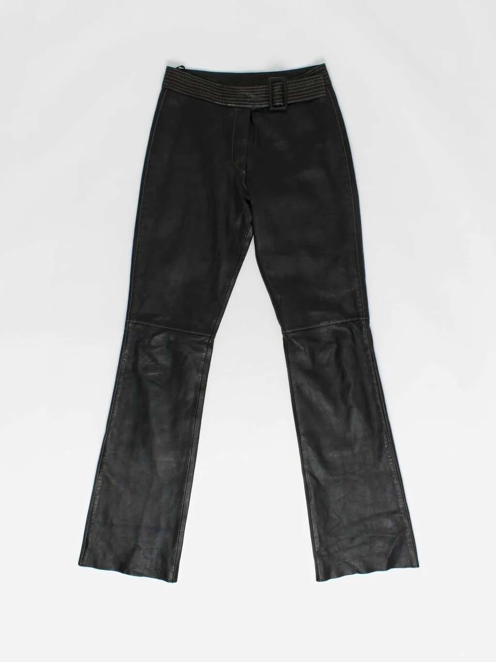 Vintage Black Leather Flared Trousers with Belt - Small/Medium