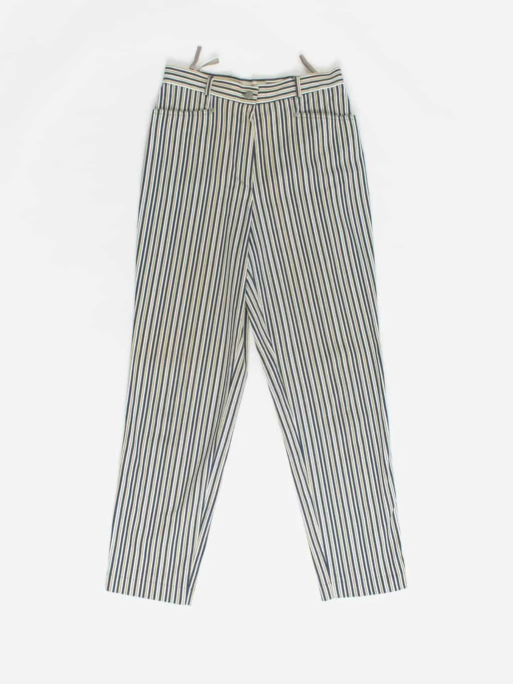 Vintage blue yellow white striped trousers with belt loops 90s UK12